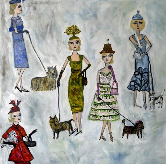 Blonde haired women in absurd little hats walking miniature dogs © Vivienne Stra