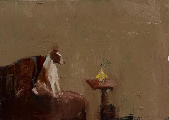 A dog listening to a canary sing , 2022 © Seth Becker