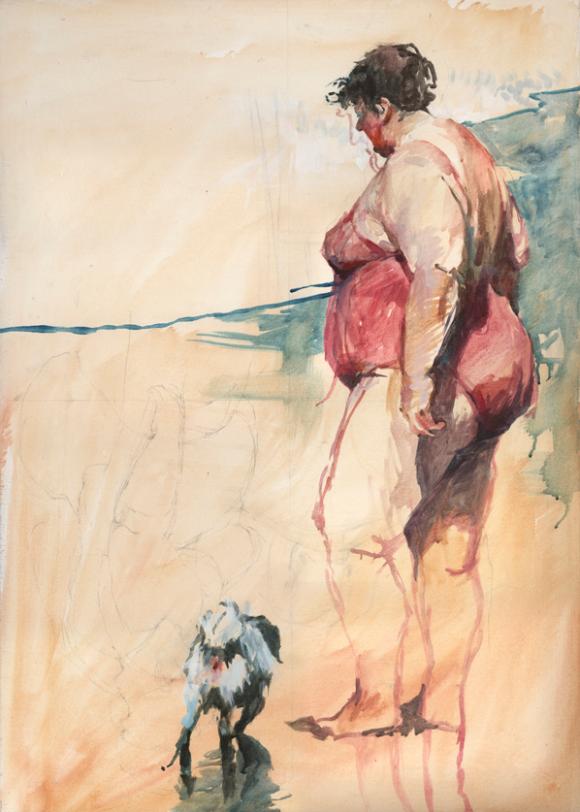 Jonas Lauströer, Dame mit Hund am Strand, 2010