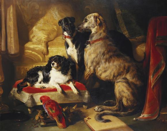 Edwin Landseer, Hector, Nero and Dash with the Parrot Lory, 1838 Royal Collectio