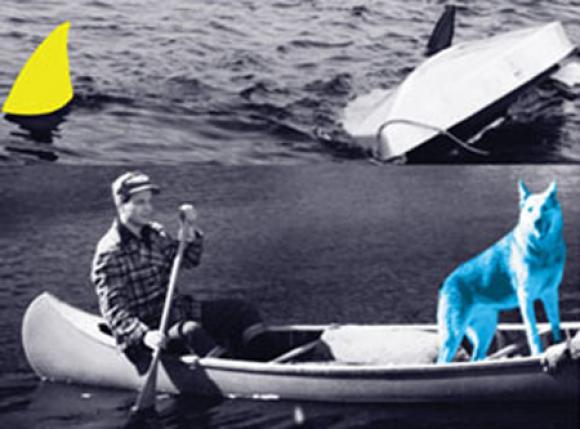 John Baldessari, Man, Dog (Blue), Canoe/Shark Fins (One Yellow), Capsized Boat, 