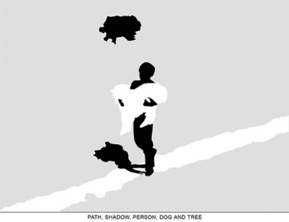 John Baldessari, Path, Shadow, Person, Dog and Tree, 2010