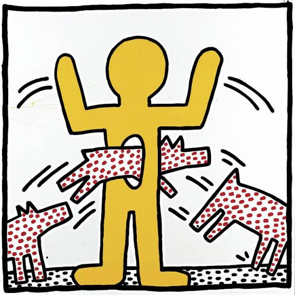 Keith Haring , Ohne Titel, 1982, Gebranntes Email auf Stahl, Courtesy Larry Wals