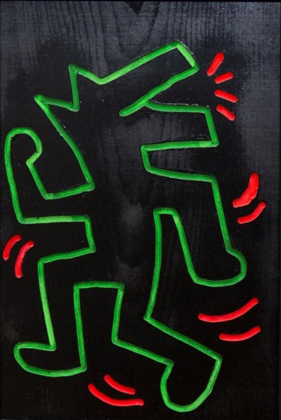 Keith Haring, Ohne Titel, 1983, Leuchtfarbe und Lack auf Holz, Gerald Hartinger 