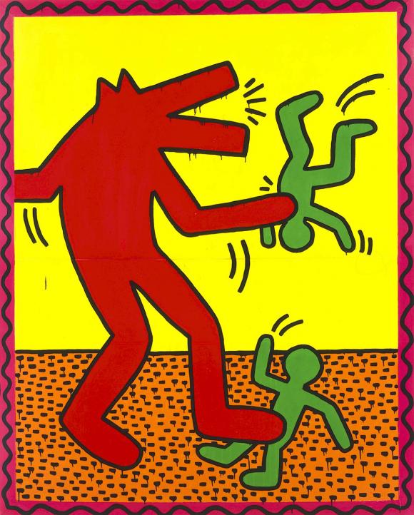 Keith Haring, Ohne Titel, 1982, Email und Leuchtfarbe auf Metall © The Keith Har