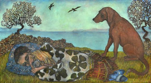 Sleeping Child with Dog in a Landscape, 2021 © Sula Rubens