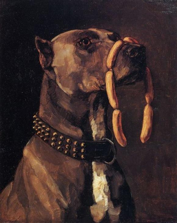 Wilhelm Trübner, Dogge mit Würsten. Ave Caesar morituri te salutant, 1878