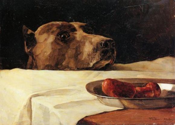 Wilhelm Trübner, Dogge mit Wurstschüssel, 1878